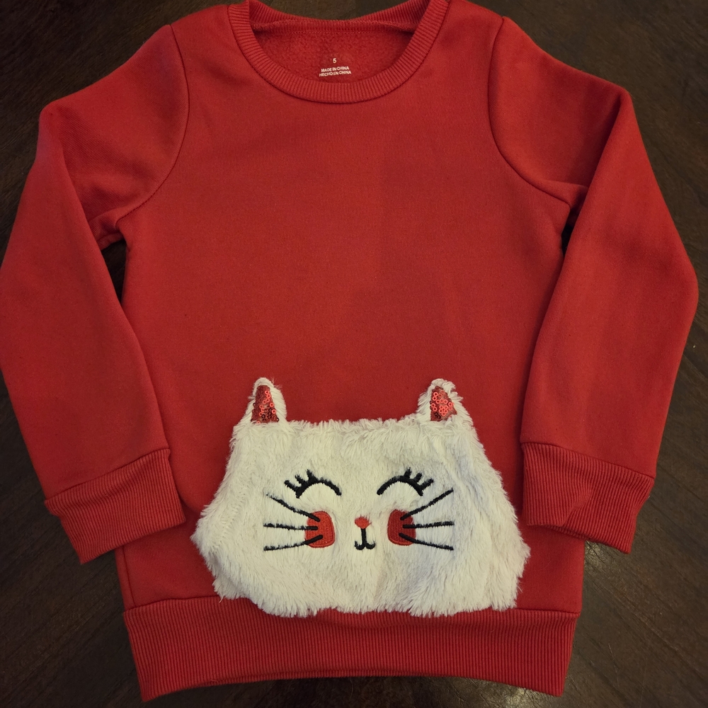 Red Kids Sweatshirt with Cat Design